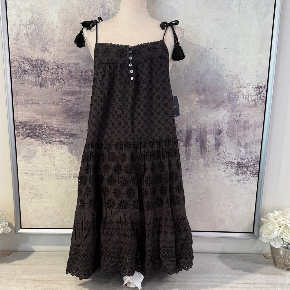 Lucky Brand Charcoal Grey Sleeveless Lace Dress with tassels NWT